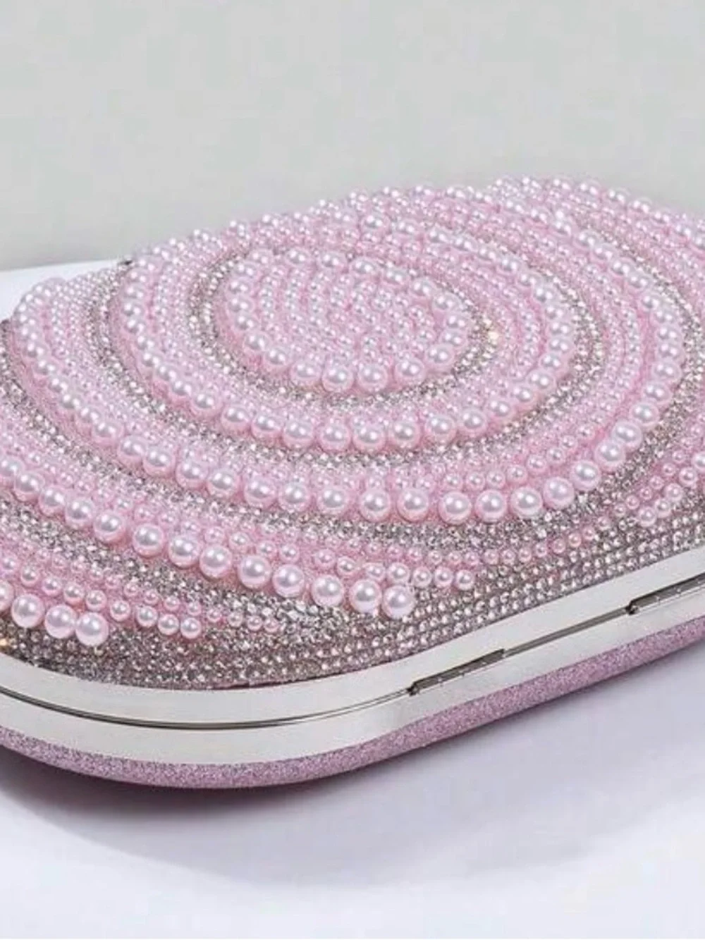 Pearl & Crystal Embellished Clutch - Pink